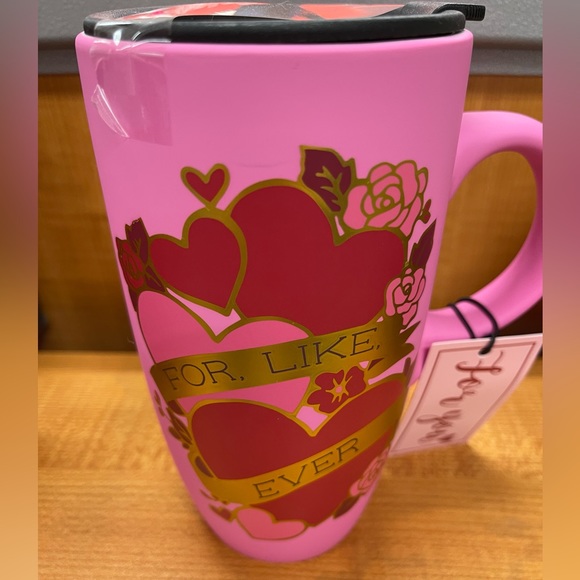 Valentine Pink Red & Gold Heart For Like Ever Matte Travel Coffee Mug w/Lid NWT - Picture 5 of 7